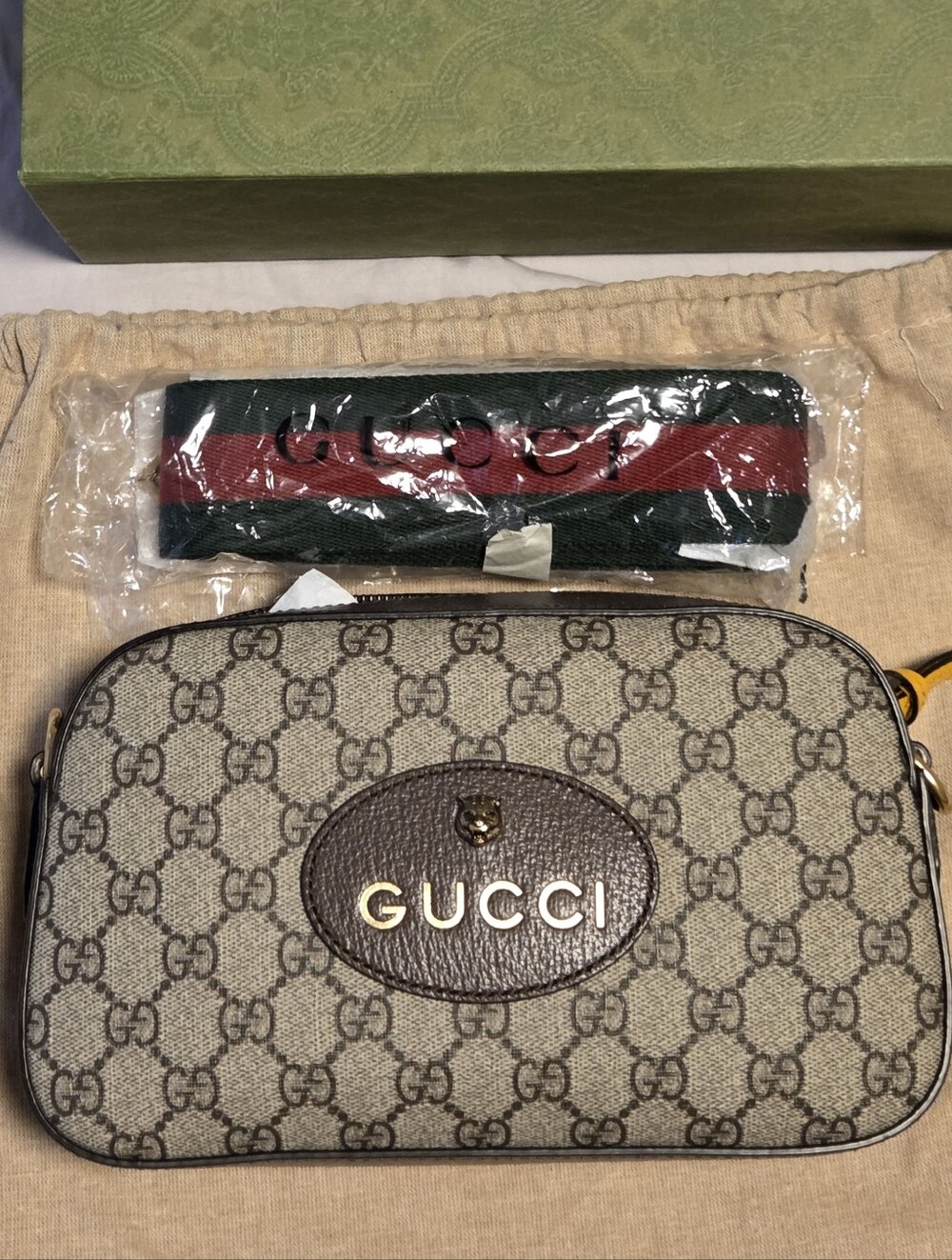 Gucci Beige GG Supreme Canvas Crossbody with Brown Trim and Red/Green Web Strap